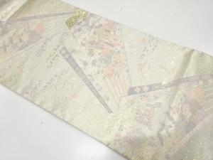 扇に御所車・花鳥模様織り出し　袋帯